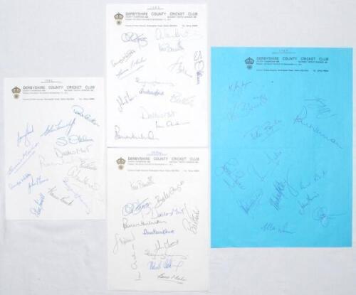 Derbyshire C.C.C. 1982-1989. Four official Derbyshire C.C.C. headed pages, each signed in ink by members of the 1982 (14 signatures), 1983 (14), 1984 (13) and 1989 (13) teams respectively. Signatures include Wood, Tunnicliffe, Hacker, Oldham, Moir, Fowler