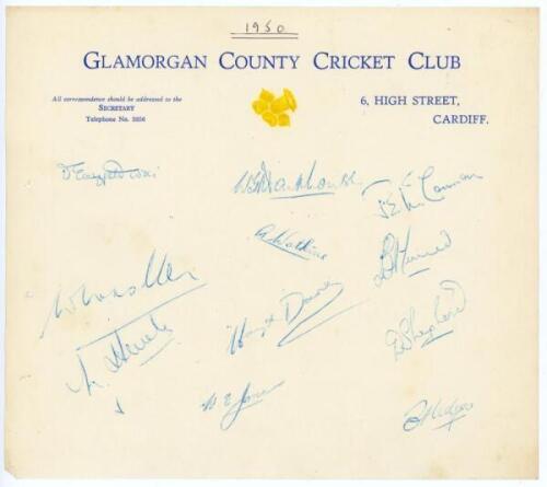 Glamorgan C.C.C. 1950-1954. Official autograph sheet on Club letterhead, signed in ink by eleven members of the 1950 Glamorgan team. Sold with a printed ‘Glamorgan’ card nicely signed in ink by twelve Glamorgan players, and an official autograph card, wit