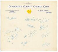 Glamorgan C.C.C. 1950-1954. Official autograph sheet on Club letterhead, signed in ink by eleven members of the 1950 Glamorgan team. Sold with a printed ‘Glamorgan’ card nicely signed in ink by twelve Glamorgan players, and an official autograph card, wit