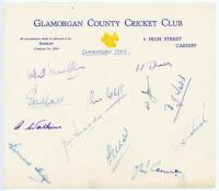 Glamorgan C.C.C. 1955-1963. Three official autograph sheets on Club letterhead, all signed in ink, for seasons 1955 (12 signatures), 1959 (13), and 1963 (13). Signatures are Wooller, Parkhouse, Watkins, Hedges, Clift, Pressdee, H.G. Davies, W.G. Jones, Wa