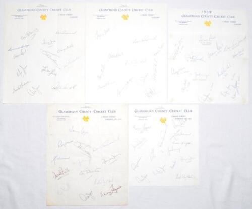 Glamorgan C.C.C. 1966-1970. Five official autograph sheets on Club letterhead, all signed in ink. Seasons are 1966 (13 signatures), 1967 (11), 1968 (13), 1969 (13), and 1970 (14). Signatures include Wheatley, A.R. Lewis, Shepherd, Hedges, Rees, Cordle, Wa