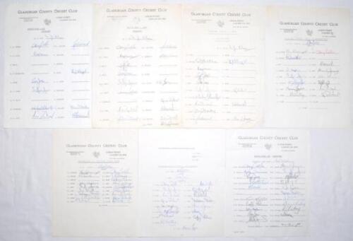 Glamorgan C.C.C. 1973-1980. Seven official autograph sheets on Club letterhead with printed players’ names and signed in ink. One sheet fully signed, others lacking some signatures. Seasons are 1973 (11 signatures), 1974 (15), 1975 (14), 1977 (15), 1978 (