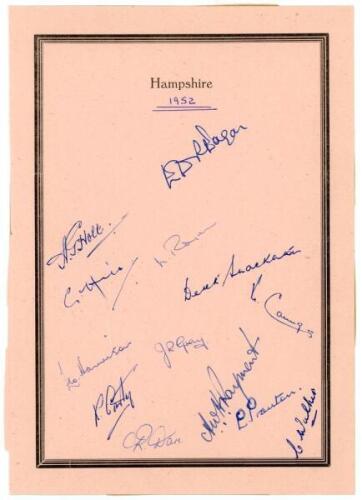 Hampshire C.C.C. 1952-1958. Three official autograph sheets for seasons 1952 (13 signatures), 1957 (13) and 1958 (12). The 1952 on printed ‘Hampshire’ card, the others on Club letterhead, all signed in ink. Signatures include Eagar, Holt, Hill, Rogers, Sh