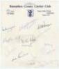 Hampshire C.C.C. 1952-1958. Three official autograph sheets for seasons 1952 (13 signatures), 1957 (13) and 1958 (12). The 1952 on printed ‘Hampshire’ card, the others on Club letterhead, all signed in ink. Signatures include Eagar, Holt, Hill, Rogers, Sh - 2