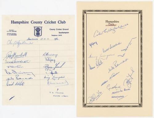 Hampshire C.C.C. 1960-1964. Four official autograph sheets for seasons 1960 (13 signatures), 1962 (13), 1963 (fully signed by 21), and 1964 (12). The 1960 and 1964 sheets on Club letterhead, the 1962 on printed ‘Hampshire’ card, the 1963 on official autog