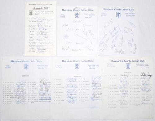 Hampshire C.C.C. 1965-1980. Six official autograph sheets for seasons 1965 (fully signed by 20), 1967 (13), 1971 (15), 1978 (fully signed by 21), 1979 (18, lakcing one), and 1980 (20, lacking one). The 1963 on official autograph card, the remainder on Clu