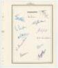 Leicestershire C.C.C. 1952-1956. Three autograph sheets for seasons 1952 (14 signatures), 1954 (12) and 1956 (21). The 1952 and 1954 pages on cards with printed titles, the 1956 on official Club letterhead, all signed in ink. Signatures include Palmer, Le
