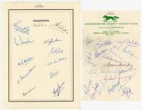 Leicestershire C.C.C. 1954-1958. Three autograph sheets for seasons 1954 (11 signatures), 1957 (18) and 1958 (21). The 1954 pages on cards with printed titles, the 1957 and 1958 on official Club letterhead, all signed in ink. Signatures include Palmer, Wa