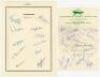 Leicestershire C.C.C. 1954-1958. Three autograph sheets for seasons 1954 (11 signatures), 1957 (18) and 1958 (21). The 1954 pages on cards with printed titles, the 1957 and 1958 on official Club letterhead, all signed in ink. Signatures include Palmer, Wa