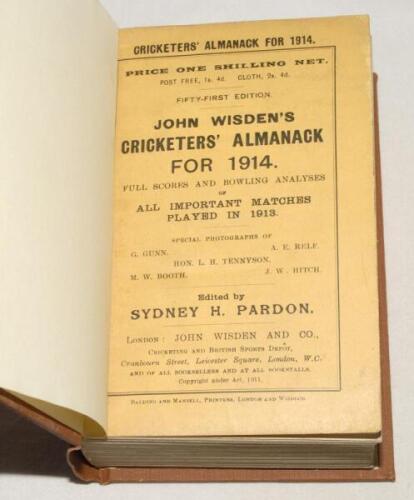 Wisden Cricketers’ Almanack 1914. 51st edition. Original paper wrappers, bound in brown boards, with gilt titles to spine. Some very minor wear and slight age toning to wrappers otherwise in very good condition