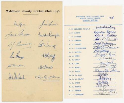 Middlesex C.C.C. 1948-1974. Two official autograph sheets for seasons 1948 (12 signatures) and 1974 (fully signed by the eighteen listed players). Also an unofficial sheet for 1961 signed by eleven, all signed in ink. Signatures include Mann, Sims, Robert