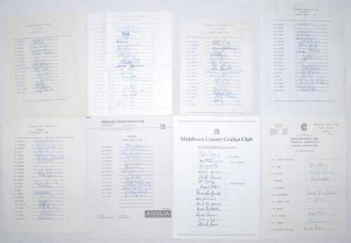 Middlesex C.C.C. 1977-1988. Eight official autograph sheets for seasons 1977 (16 signatures), 1979 (21), 1980 (19), 1981 (18), 1982 (20), 1984 (15), 1988 (two different, one signed by 17, the other 8). Signatures include Brearley, Radley, Barlow, Butcher,