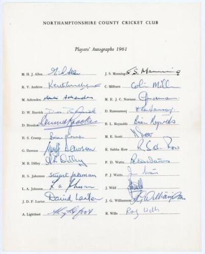 Northamptonshire C.C.C. 1961-1965. Three official autograph sheets for seasons 1961 (24 signatures), 1952 (25), and 1965 (17), all signed in ink. The 1961 and 1962 sheets both fully signed by all listed players. Signatures include Allen, Andrew, Ashenden,