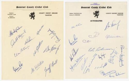 Somerset C.C.C. 1961-1973. Three official autograph sheets for seasons 1961 (11 signatures), 1965 (16) and 1973 (13), all signed in ink. Signatures include Stephenson, Lomax, Palmer, G. Atkinson, Langford, C. Atkinson, Greetham, Alley, Roe, Kitchen, Hall,