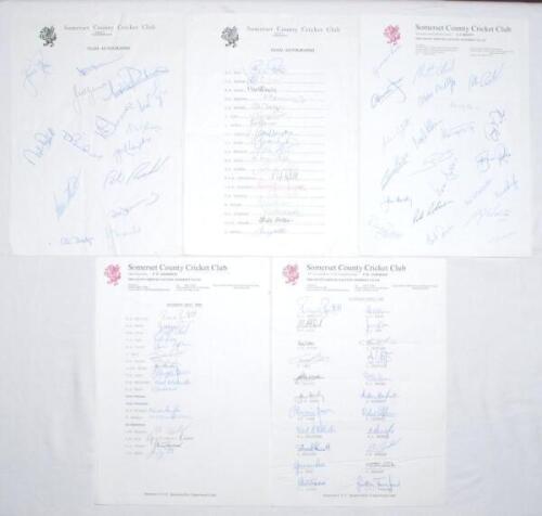 Somerset C.C.C. 1982-1990. Five official autograph sheets for seasons 1982 (15 signatures), 1983 (19), 1988 (22), 1989 (17) and 1990 (22). Signatures include Rose, Botham, Garner, Richards, Taylor, Russom, Popplewell, Breakwell, Lloyds, Roebuck, Moseley, 