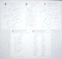 Somerset C.C.C. 1982-1990. Five official autograph sheets for seasons 1982 (15 signatures), 1983 (19), 1988 (22), 1989 (17) and 1990 (22). Signatures include Rose, Botham, Garner, Richards, Taylor, Russom, Popplewell, Breakwell, Lloyds, Roebuck, Moseley, 