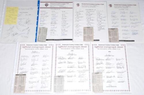 Somerset C.C.C. 1988-2005. Sixteen official autograph sheets for seasons 1988 and 1991-2005 with some duplication. Where players’ names are listed, the majority are fully signed. Signatures include Rose, Atkinson, Roebuck, Mallender, Pringle, Hardy, Burns