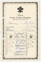 Surrey C.C.C. 1958 & 1967. Two official autograph sheets with printed county emblem and borders, for seasons 1958 (14 signatures) and 1967 (15), both signed in ink. Signatures include May, A. & E. Bedser, Clark, Fletcher, Lock, Stewart, Barrington, Loader