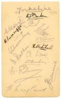 Yorkshire C.C.C. 1930. Album page signed in pencil (three in ink) by thirteen members of the 1930 Yorkshire team. Signatures in ink are A. Barber (Captain), Sutcliffe and Mitchell, others are Oldroyd, Holmes, Macaulay, Bowes, Rhodes, Wood, W. Barber, Robi