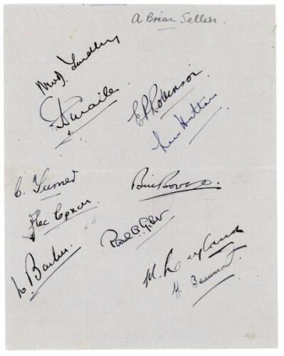 Yorkshire C.C.C. 1946. Album page nicely signed in ink by eleven members of the 1946 Yorkshire team. Signatures are Sellers (Captain), Yardley, Smailes, Robinson, Hutton, Turner, Bowes, Coxon, Gibb, Barber, Leyland and Beaumont. Horiztonal and vertical fo