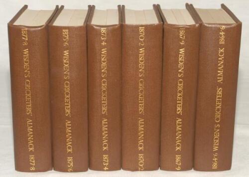 Wisden Cricketers’ Almanack 1864-1878. Fifteen facsimile editions, with pink wrappers, second facsimile edition printed by Lowe & Brydone Ltd, London 1974. Limited edition. The books very nicely bound into six volumes with dark brown boards and titles and