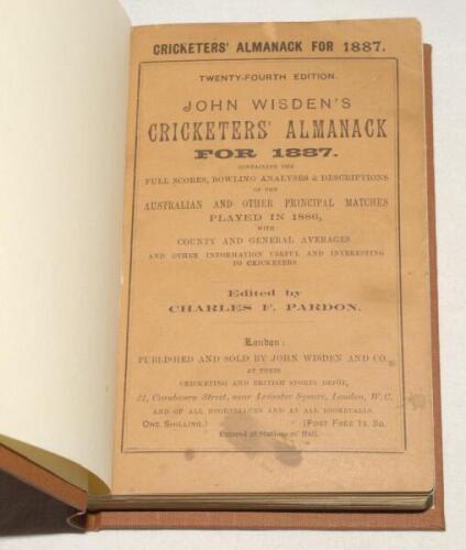 Wisden Cricketers’ Almanack 1887. 24th edition. Original paper wrappers, bound in brown boards, with gilt titles to spine. Minor staining to the front wrapper to lower quarter, slight age toning to wrappers, odd very minor faults otherwise in good/very go