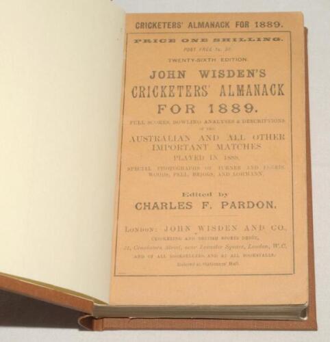 Wisden Cricketers’ Almanack 1889. 26th edition. Original paper wrappers, bound in brown boards, with gilt titles to spine. Very minor staining to rear wrapper otherwise in very good condition. Pages checked, complete