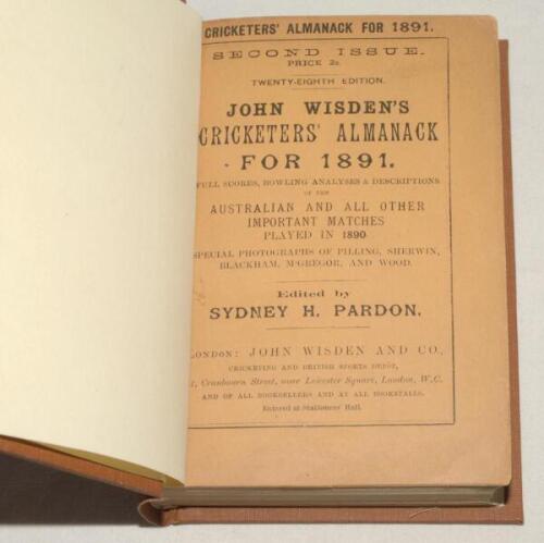 Wisden Cricketers’ Almanack 1891. 28th edition. Second Issue. Original paper wrappers, bound in brown boards, with gilt titles to spine. The wrappers are in outstanding condition, very good+ throughout. Not often seen in this wonderful condition