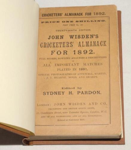 Wisden Cricketers’ Almanack 1892. 29th edition. Original paper wrappers, bound in brown boards, with gilt titles to spine. Small nick to edge of first advertising page otherwise in very good+ condition