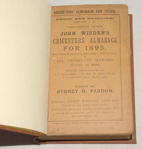 Wisden Cricketers’ Almanack 1895. 32nd edition. Original paper wrappers, bound in brown boards, with gilt titles to spine. Minor wear and slight age toning to wrappers otherwise in good/very good condition