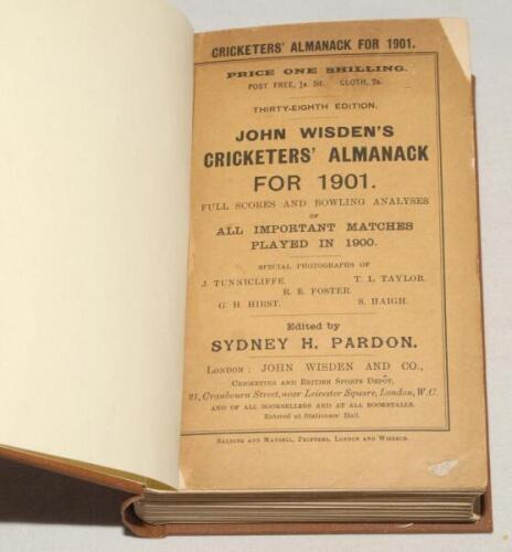 Wisden Cricketers’ Almanack 1901. 38th edition. Original paper wrappers, bound in brown boards, with gilt titles to spine. Some loss to top right hand corner of front wrapper, small loss to lower corner, very minor wear to wrapper extremities, minor age t