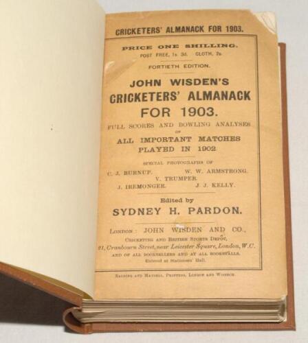 Wisden Cricketers’ Almanack 1903. 40th edition. Original paper wrappers, bound in brown boards, with gilt titles to spine. Minor wear with small loss to top right hand corner of front wrapper, light age toning to wrappers otherwise in good/very good condi