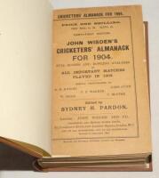 Wisden Cricketers’ Almanack 1904. 41st edition. Original paper wrappers, bound in brown boards, with gilt titles to spine. Minor wear with very small loss to wrapper extremities, light age toning to wrappers, page cxxxv/cxxxi partially obscured by laid do