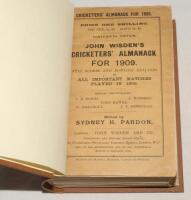 Wisden Cricketers’ Almanack 1909. 46th edition. Original paper wrappers, bound in brown boards, with gilt titles to spine. Light vertical crease to front wrapper, some light age toning to wrappers, some wear to first advertising page otherwise in good/ver