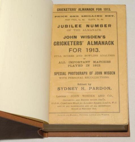 Wisden Cricketers’ Almanack 1913. 50th (Jubilee) edition. Original paper wrappers, bound in brown boards, with gilt titles to spine. Some light creasing to front wrapper, minor age toning to wrappers otherwise in very good condition