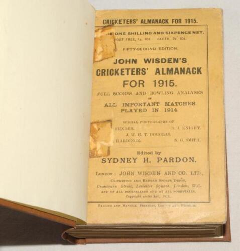 Wisden Cricketers’ Almanack 1915. 52nd edition. Original paper wrappers, bound in brown boards, with gilt titles to spine. Some old tape marks near to the spine side of both wrappers otherwise in good/very good condition