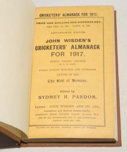 Wisden Cricketers’ Almanack 1917. 54th edition. Original paper wrappers, bound in brown boards, with gilt titles to spine. Light corner fold to corner and very minor wear to wrappers otherwise in very good condition. Rare war-time edition