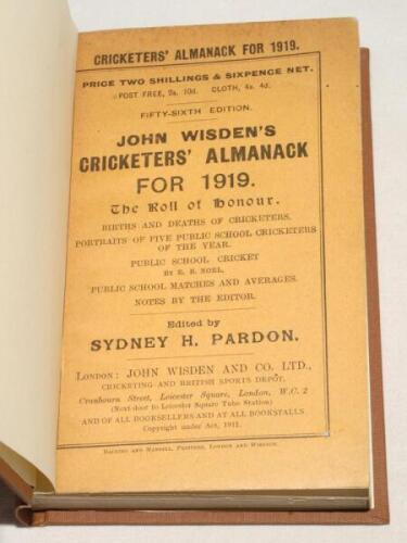 Wisden Cricketers’ Almanack 1919. 56th edition. Original paper wrappers, bound in brown boards, with gilt titles to spine. Some age toning to wrapper extremities otherwise in very good condition. Rare war-time edition