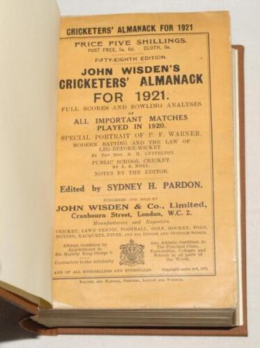 Wisden Cricketers’ Almanack 1921. 58th edition. Original paper wrappers, bound in brown boards, with gilt titles to spine. Odd very minor faults otherwise in very good condition