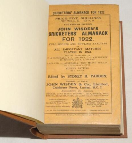 Wisden Cricketers’ Almanack 1922. 59th edition. Original paper wrappers, bound in brown boards, with gilt titles to spine. Light soiling and minor wear to wrappers otherwise in very good condition