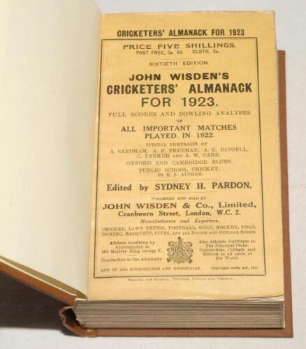 Wisden Cricketers’ Almanack 1923. 60th edition. Original paper wrappers, bound in brown boards, with gilt titles to spine. Light soiling and minor wear to wrappers otherwise in very good condition