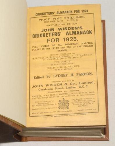 Wisden Cricketers’ Almanack 1925. 62nd edition. Original paper wrappers, bound in brown boards, with gilt titles to spine. Light soiling and minor wear to wrappers otherwise in very good condition