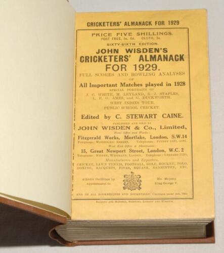 Wisden Cricketers’ Almanack 1929. 66th edition. Original paper wrappers, bound in brown boards, with gilt titles to spine. Some minor rust marks to page block edge, light soiling and minor wear to wrappers otherwise in good+ condition