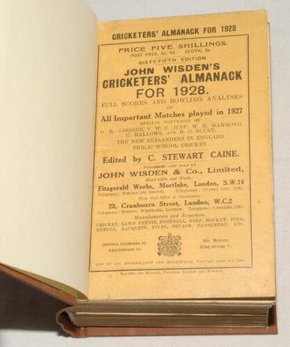 Wisden Cricketers’ Almanack 1928. 65th edition. Original paper wrappers, bound in brown boards, with gilt titles to spine. Some minor rust marks to page block edge, light soiling to wrappers otherwise in good+ condition