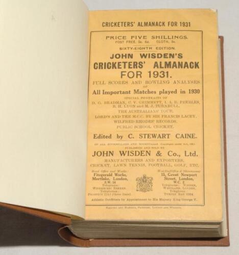 Wisden Cricketers’ Almanack 1931. 68th edition. Original paper wrappers, bound in brown boards, with gilt titles to spine. Some minor rust marks to page block edge, very light soiling and very minor wear to wrappers otherwise in good/very good condition