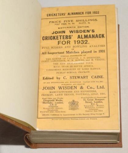 Wisden Cricketers’ Almanack 1932. 69th edition. Original paper wrappers, bound in brown boards, with gilt titles to spine. Minor rust mark to page block edge, very light soiling to wrappers otherwise in good/very good condition