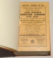 Wisden Cricketers’ Almanack 1934. 71st edition. Original paper wrappers, bound in brown boards, with gilt titles to spine. Nick to edge of front wrapper, minor corner wear and light soiling to wrappers, page section 221/224 detached from binding otherwise