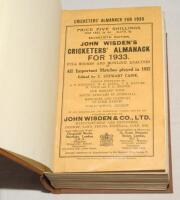 Wisden Cricketers’ Almanack 1933. 70th edition. Original paper wrappers, bound in brown boards, with gilt titles to spine. Very light soiling to wrappers otherwise in good/very good condition