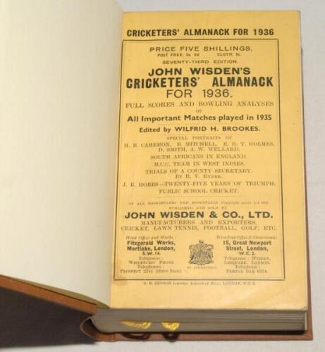 Wisden Cricketers’ Almanack 1936. 73rd edition. Original paper wrappers, bound in brown boards, with gilt titles to spine. Very good condition throughout