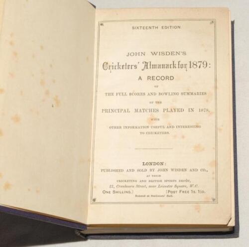 Wisden Cricketers’ Almanack 1879 and 1880. 16th & 17th editions. Two volumes bound as one in mauve/blue boards, both lacking the original wrappers, with gilt title to spine. The 1879 edition lacking the rear advertising pages, the 1880 lacking the front a